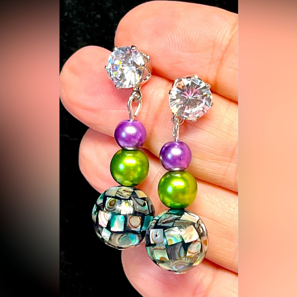 Pretty mother of pearl earrings in purple and greens